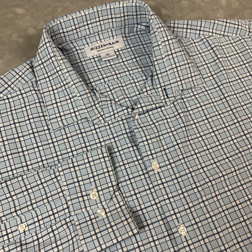 Mizzen + Main Shirt Men 2XL Blue White Plaid Performance Long Sleeve Stretch